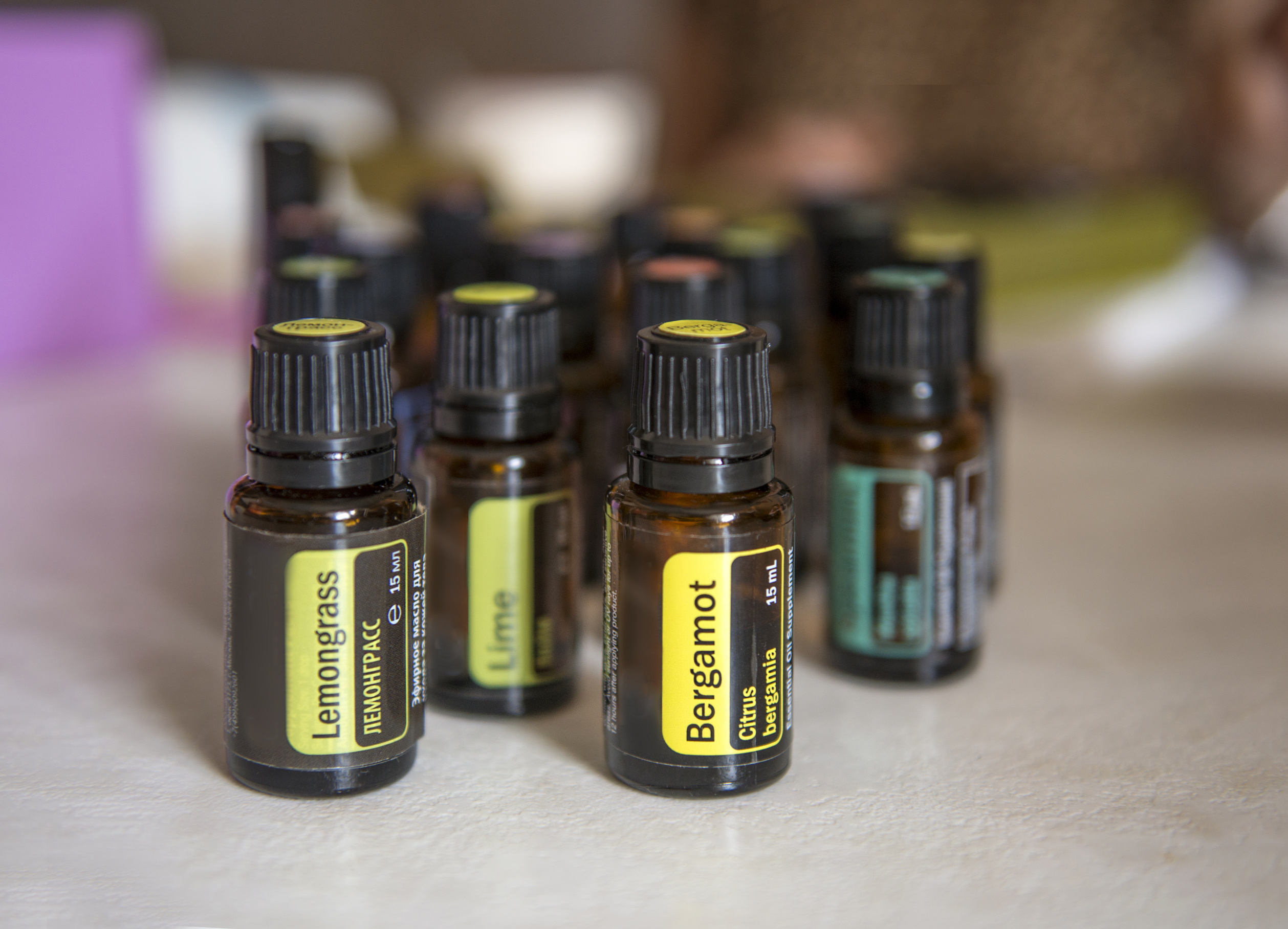 Essential oil bottles. Bergamot essential oil. Essential oil. 27 August 2020. Yoga class